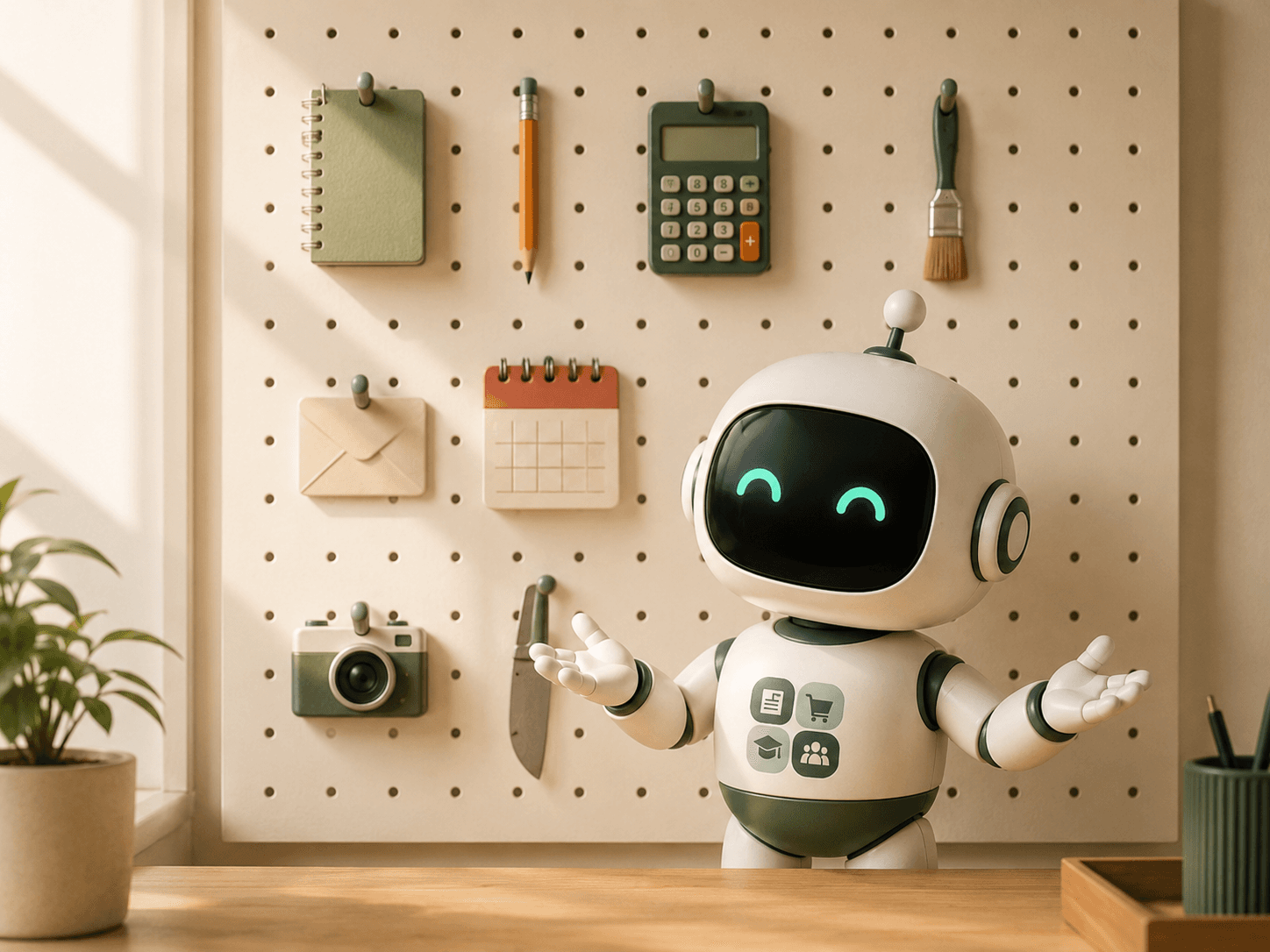 Robotron-Maskottchen mit einer Werkzeug-Wand voller Helfer
