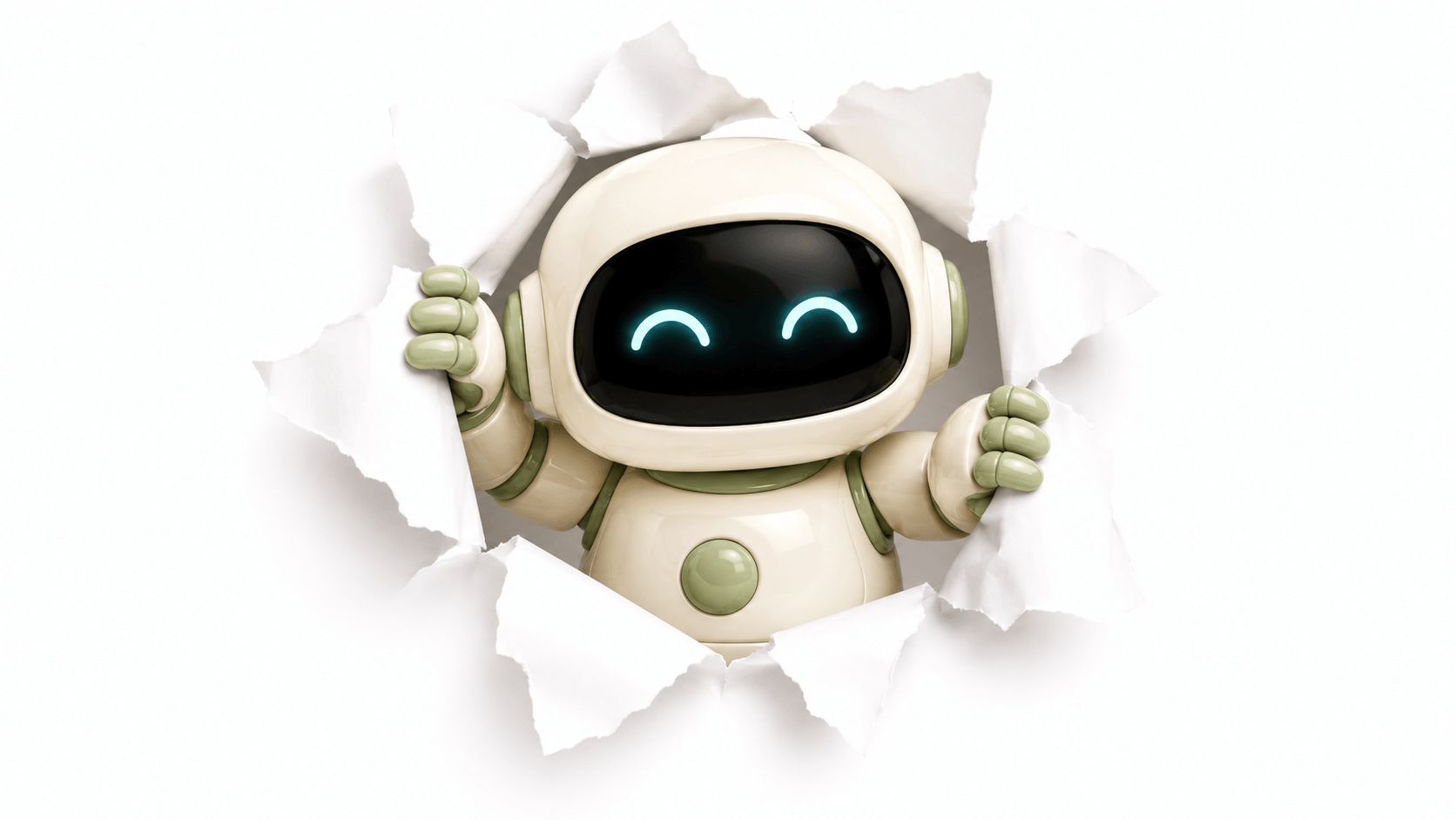 Robotron, das clickted-Maskottchen, bricht freudig durch ein zerrissenes Blatt Papier