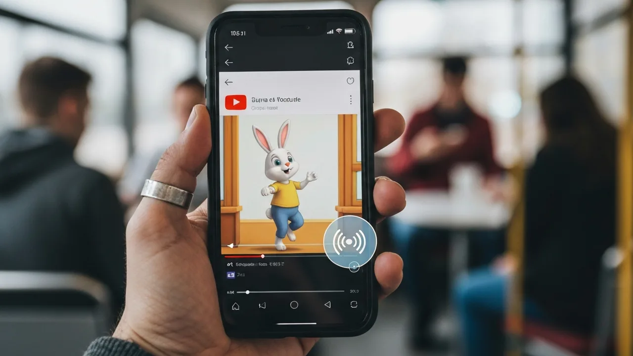 Eine Hand hält ein Smartphone, das ein YouTube-Video mit einem dezenten 'KI-generiert'-Symbol anzeigt. Der Hintergrund ist unscharf, um den Fokus auf das Gerät und die Kennzeichnung zu legen.