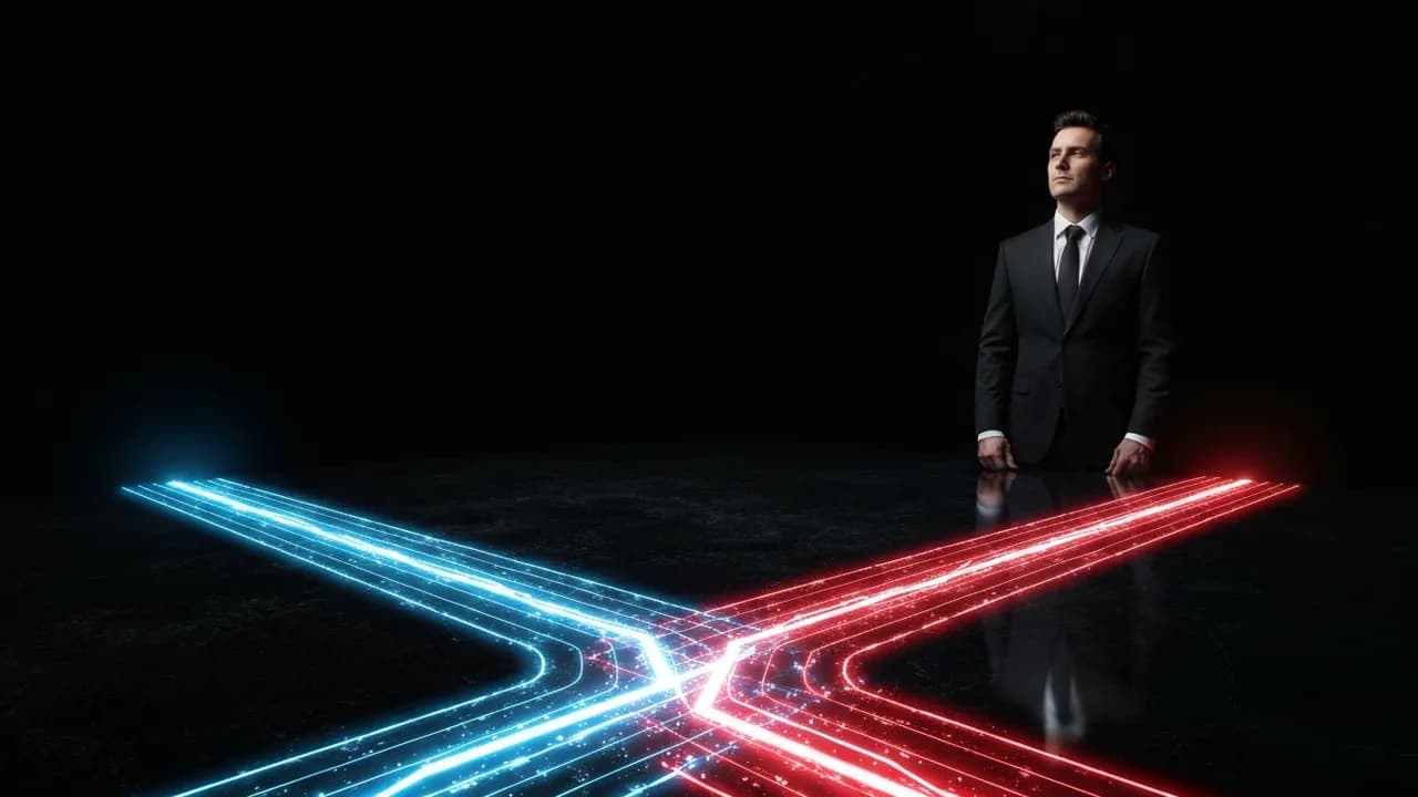 Ein Mann im Anzug blickt auf zwei sich trennende leuchtende Linien auf einer dunklen, spiegelnden Oberfläche, die eine Meinungsänderung symbolisieren.