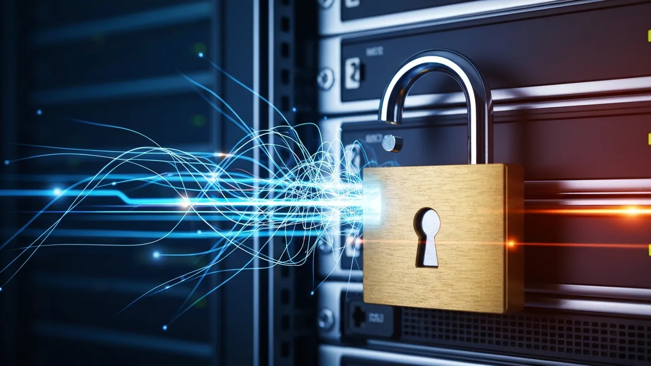 Ein digitales Vorhängeschloss, halb geöffnet, auf einem Server-Rack in einem dunklen Rechenzentrum, umgeben von leuchtenden Datenleitungen, die Gefahr und Dringlichkeit symbolisieren.