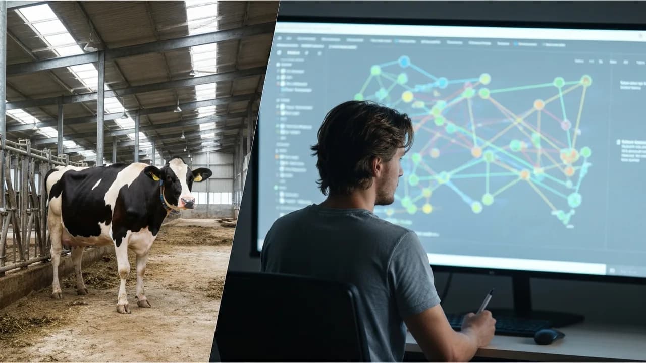 Ein modernes Stallinterieur mit einer Kuh und Sensoren auf der linken Seite, daneben ein Bildschirm mit komplexen biologischen Daten, bedient von Händen auf der rechten Seite.