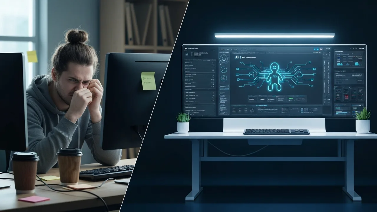 Ein Splitbild zeigt links einen überforderten Entwickler an mehreren Monitoren und rechts einen leeren, futuristischen Arbeitsplatz mit einem cleanen KI-Agenten-Interface.