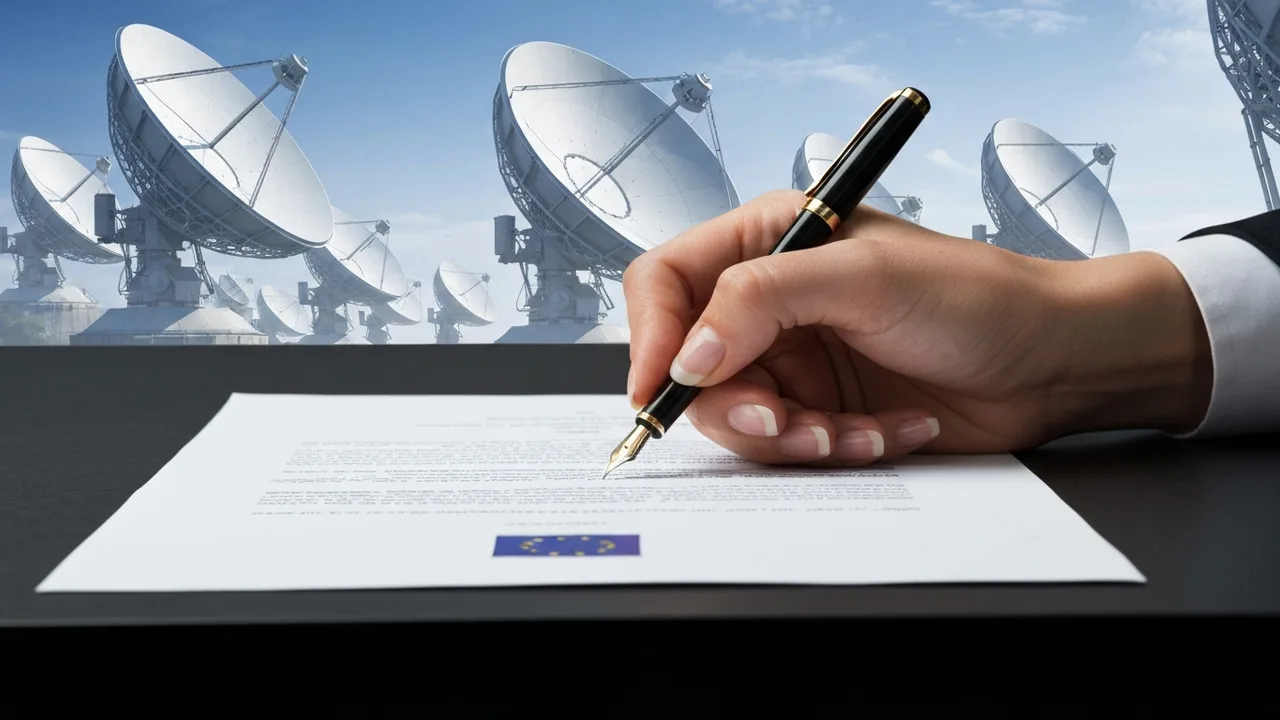 Eine Hand unterschreibt ein wichtiges Dokument mit einem offiziellen Siegel, im Hintergrund verschwommen ein Netzwerk von Satellitenschüsseln, das Kontrolle über digitale Infrastruktur symbolisiert.