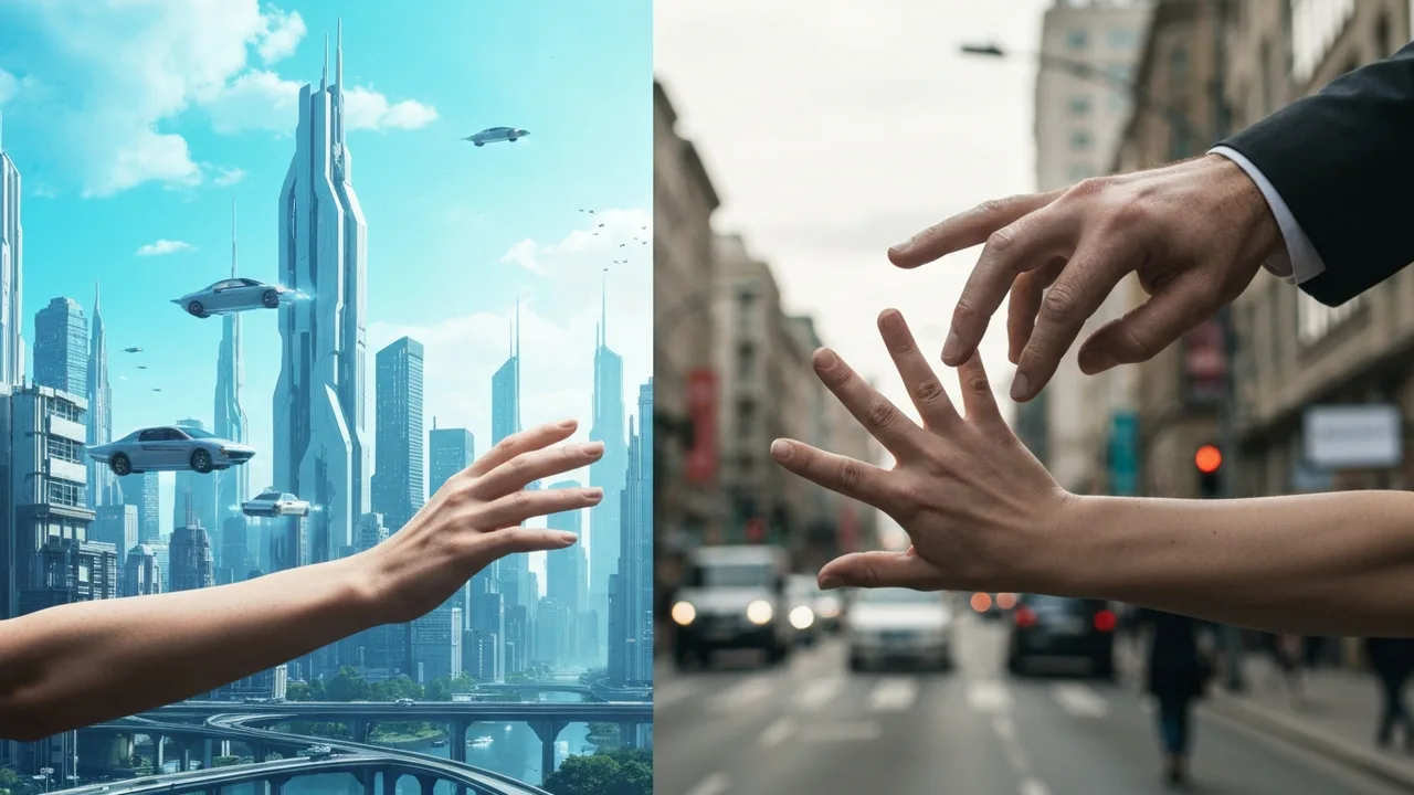 Eine geteilte Bildfläche zeigt links eine futuristische, digital wirkende Stadt und rechts eine unscharfe, reale Straßenansicht. Eine menschliche Hand greift von der realen Seite in die simulierte Wel