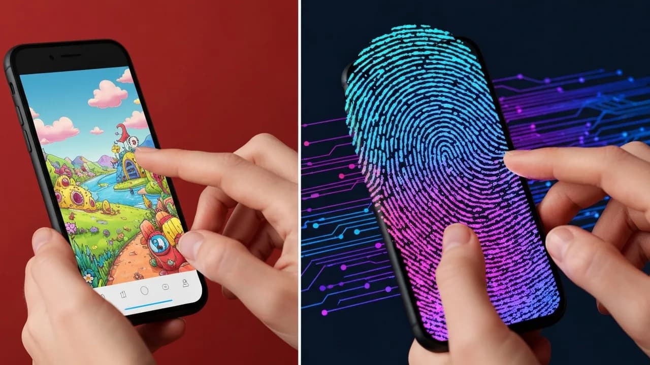 Eine geteilte Ansicht: Links eine menschliche Hand, die ein Smartphone mit einem leicht veränderten Bild hält. Rechts eine abstrakte Visualisierung von Datenlayern und digitalen Fingerabdrücken, die d