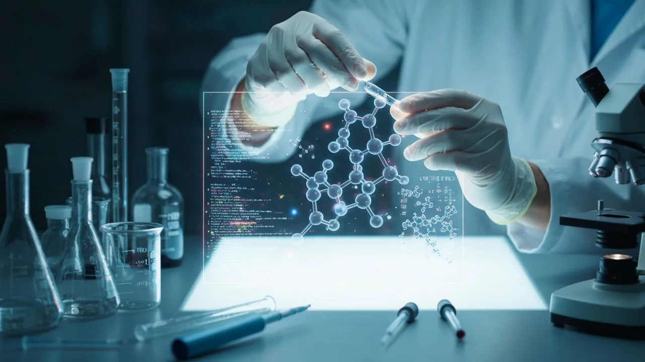 Hände einer Wissenschaftlerin, die mit einem leuchtenden holografischen Bildschirm interagieren, der komplexe molekulare Strukturen zeigt, im Hintergrund unscharfe Laborgeräte.