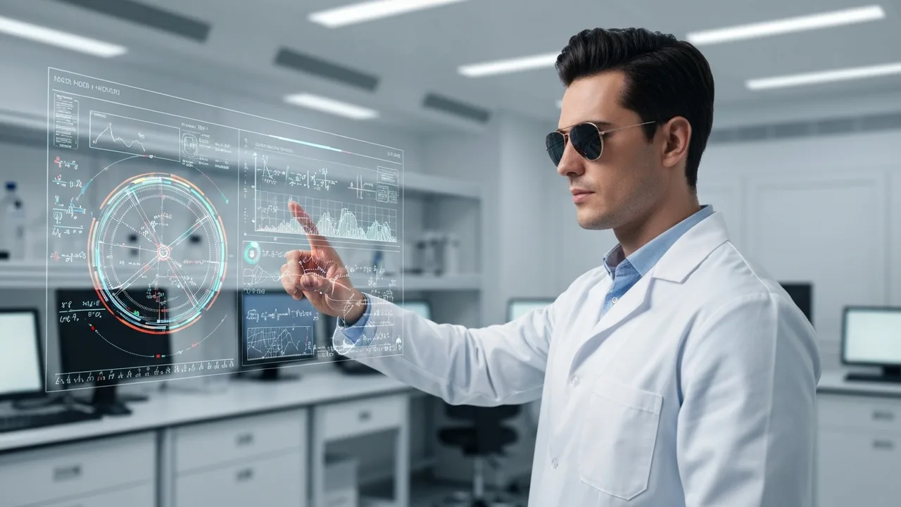 Eine Wissenschaftlerin in einem modernen Labor betrachtet eine holografische Anzeige mit komplexen wissenschaftlichen Daten und Formeln, die durch KI generiert wurden.