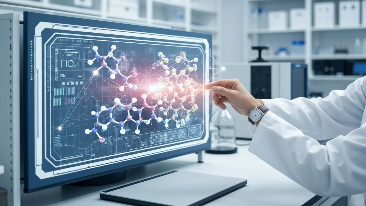 Hände eines Wissenschaftlers, die eine leuchtende, holografische Molekularstruktur auf einer futuristischen Oberfläche manipulieren, die komplexe wissenschaftliche Datenverbindungen darstellt.