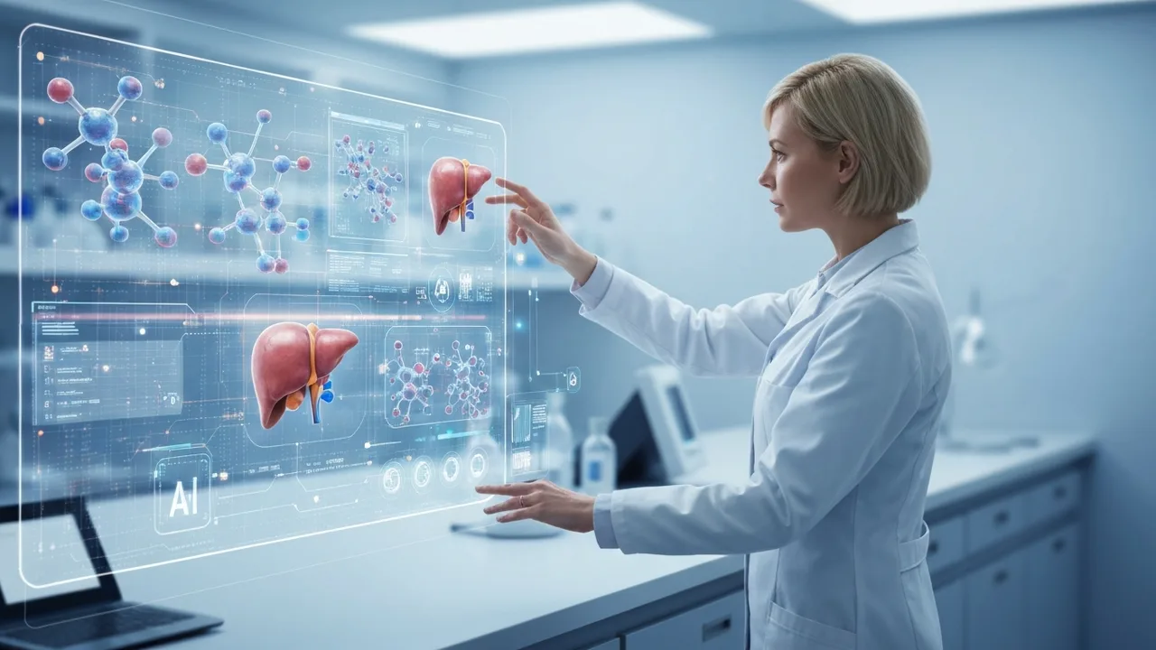 Eine Wissenschaftlerin in einem Labor untersucht ein holografisches Display, das molekulare Strukturen und ein Lebermodell zeigt, umgeben von digitalen Datenströmen.