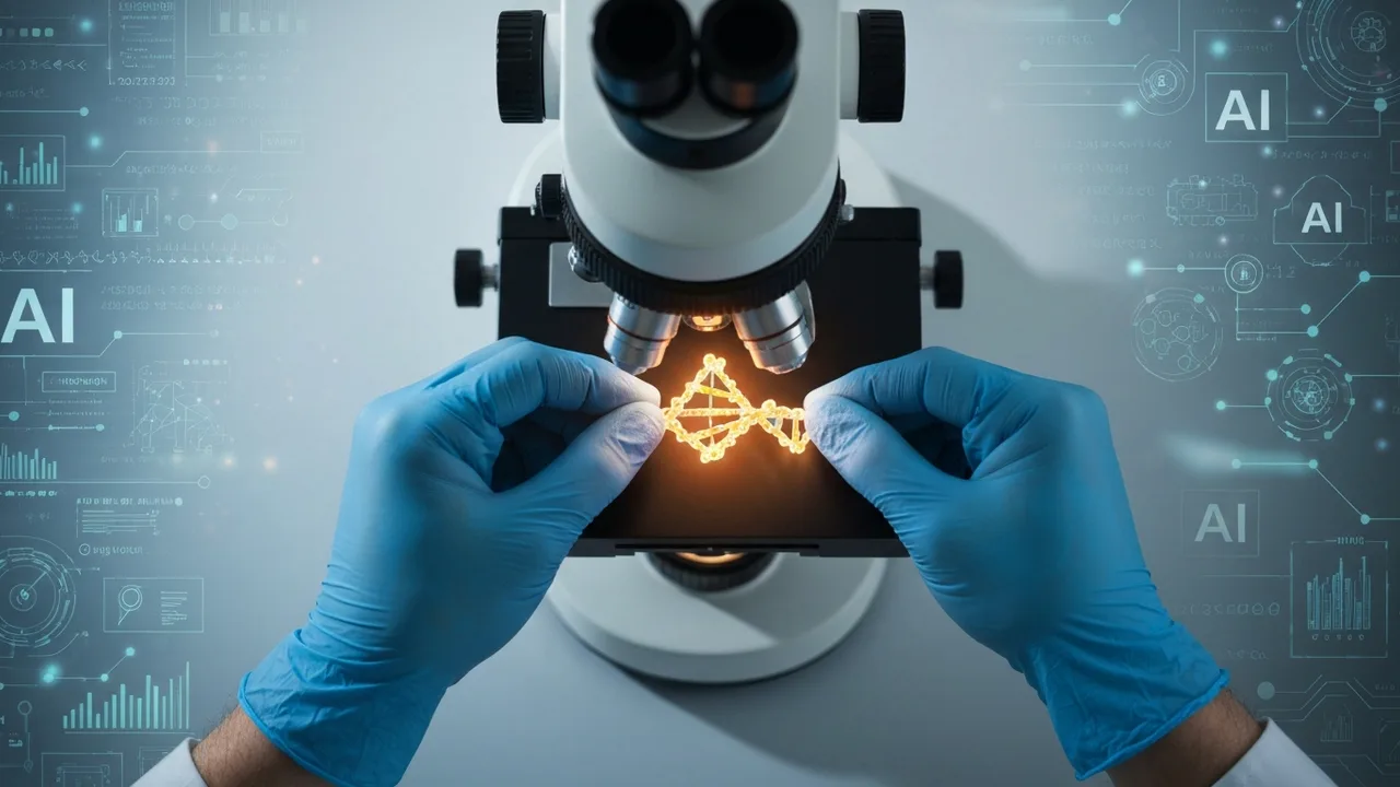Nahaufnahme von Händen eines Wissenschaftlers in blauen Handschuhen, die eine leuchtende RNA-Strang unter einem Mikroskop manipulieren, mit abstrakten digitalen Mustern im Hintergrund, die KI-Algorith