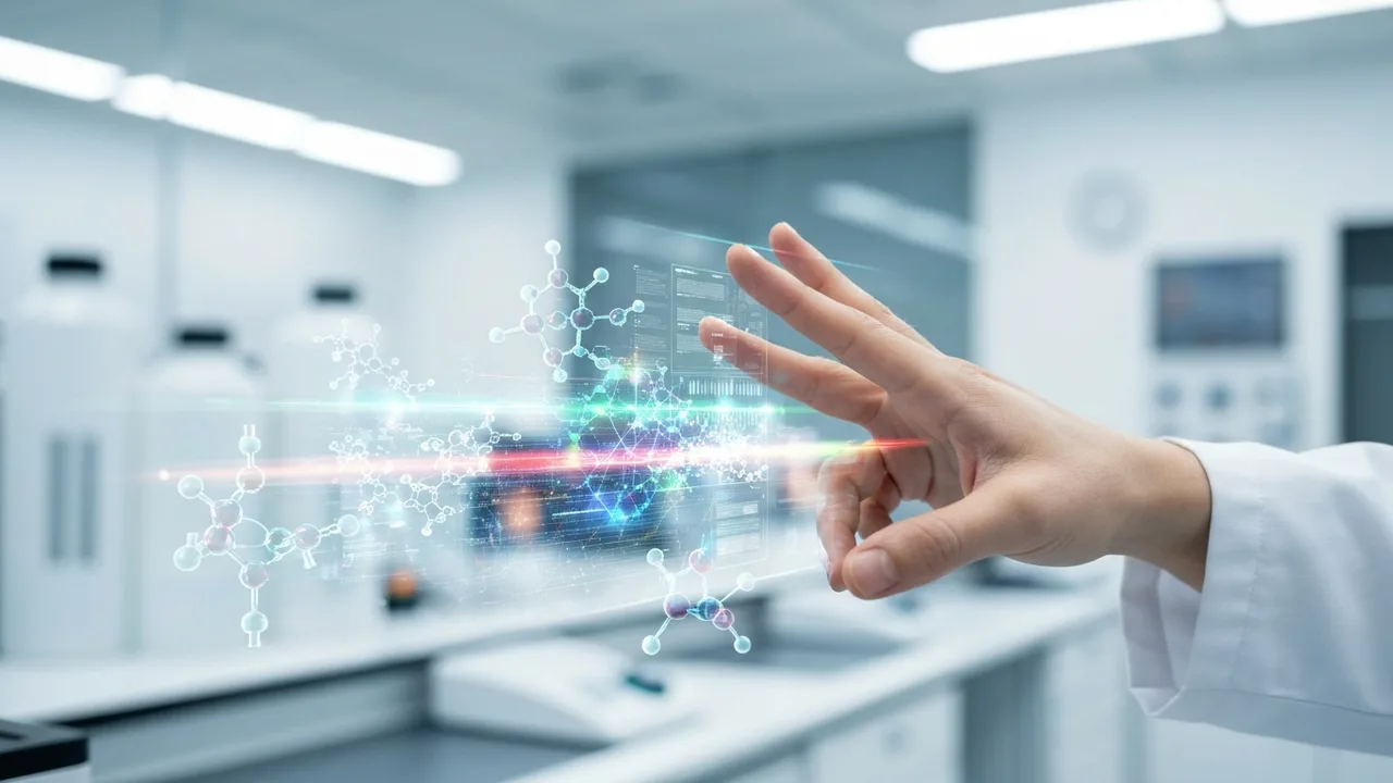 Nahaufnahme der Hände eines Wissenschaftlers, der auf einem holografischen Display komplexe molekulare Strukturen und medizinische Daten berührt, um die Zusammenarbeit von Mensch und KI in der Medikam