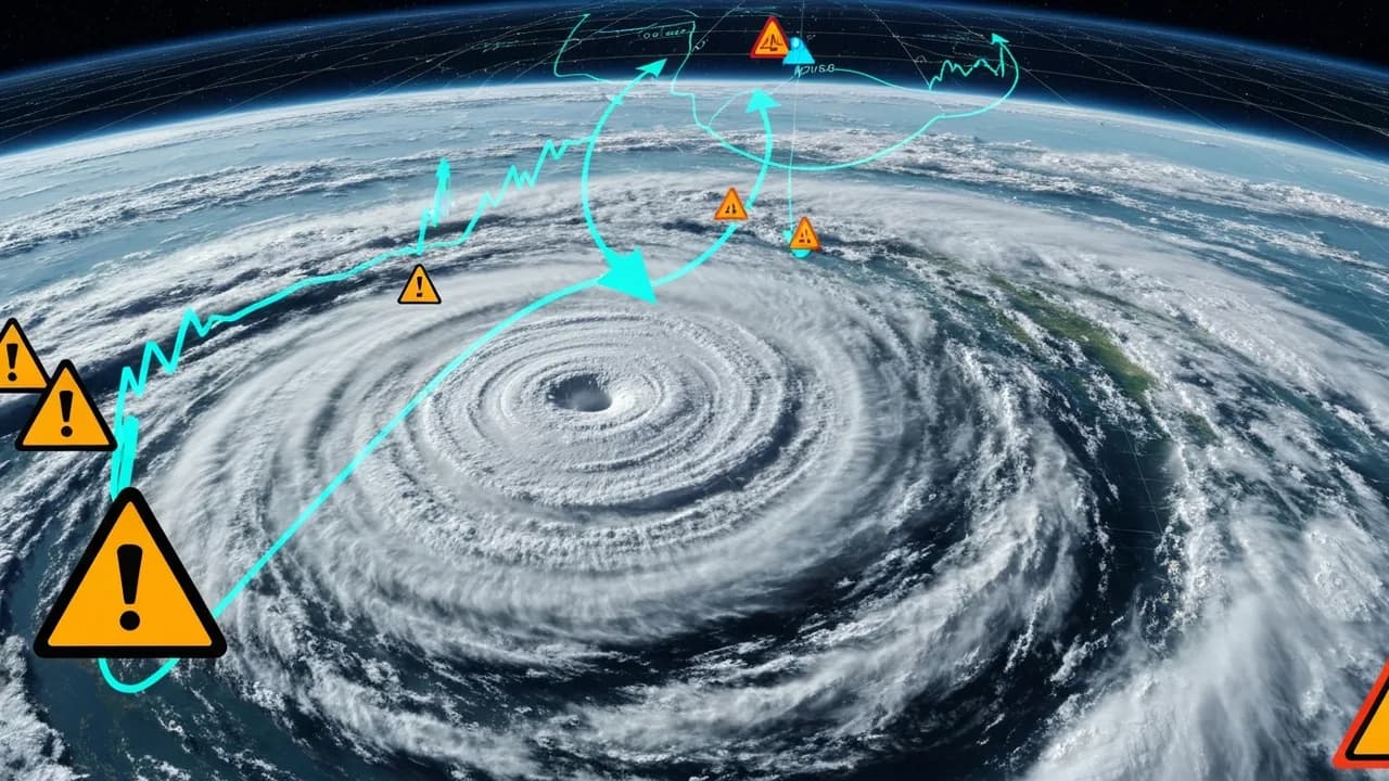 Ein dramatisches Satellitenbild eines riesigen, wirbelnden Hurrikans über einem Ozean. Über dem Sturm liegen feine, leuchtend blaue digitale Linien und Symbole, die eine KI-basierte Vorhersage des Stu