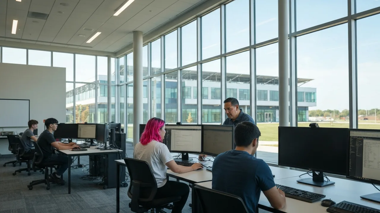Studenten und Dozenten arbeiten an fortschrittlichen Computersystemen in einer modernen Bildungseinrichtung, im Hintergrund ist eine schematische Darstellung erneuerbarer Energien zu sehen.