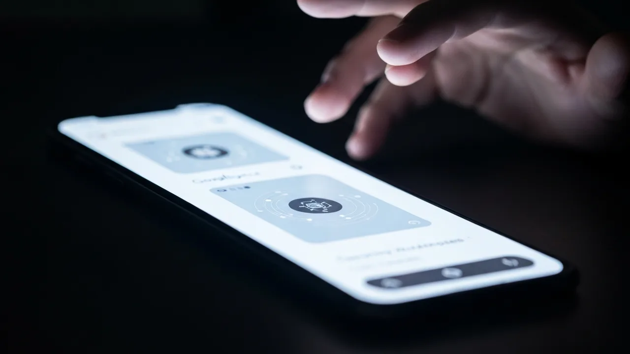 Ein Smartphone-Bildschirm zeigt eine futuristische, aber saubere Google Workspace-Oberfläche mit integrierten KI-Elementen, während eine unscharfe Hand darauf zugreift.