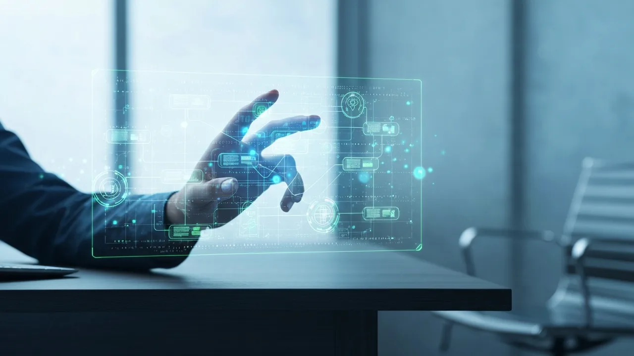 Eine menschliche Hand, die in ein holografisches, leuchtendes Digital-Interface greift, das komplexe, miteinander verbundene Aufgaben und Datenflüsse darstellt. Im Hintergrund ein modernes Büro.