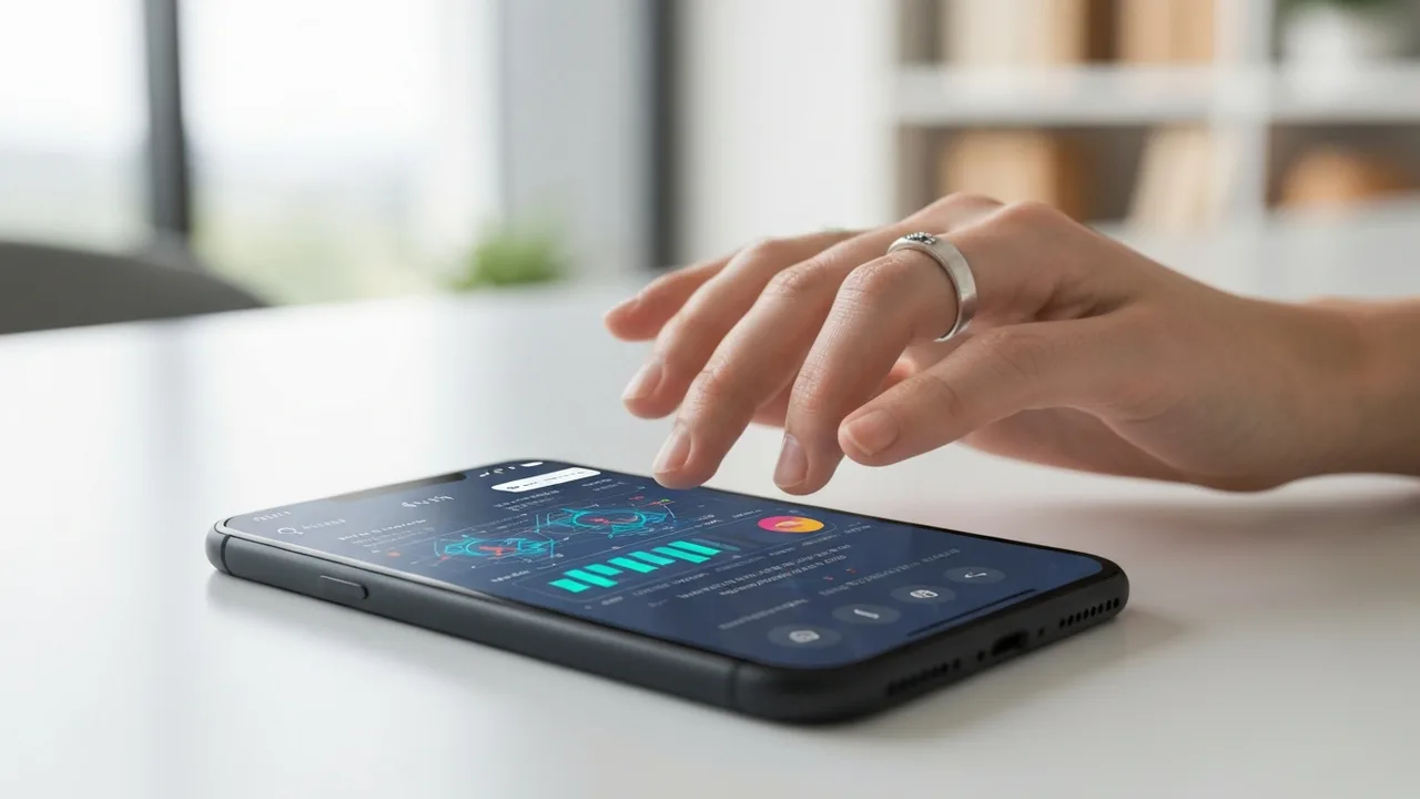 Eine menschliche Hand hält ein Smartphone, dessen Bildschirm eine komplexe, KI-generierte Suchergebnis-Zusammenfassung anzeigt, umgeben von einem leicht unscharfen modernen Arbeitsbereich.