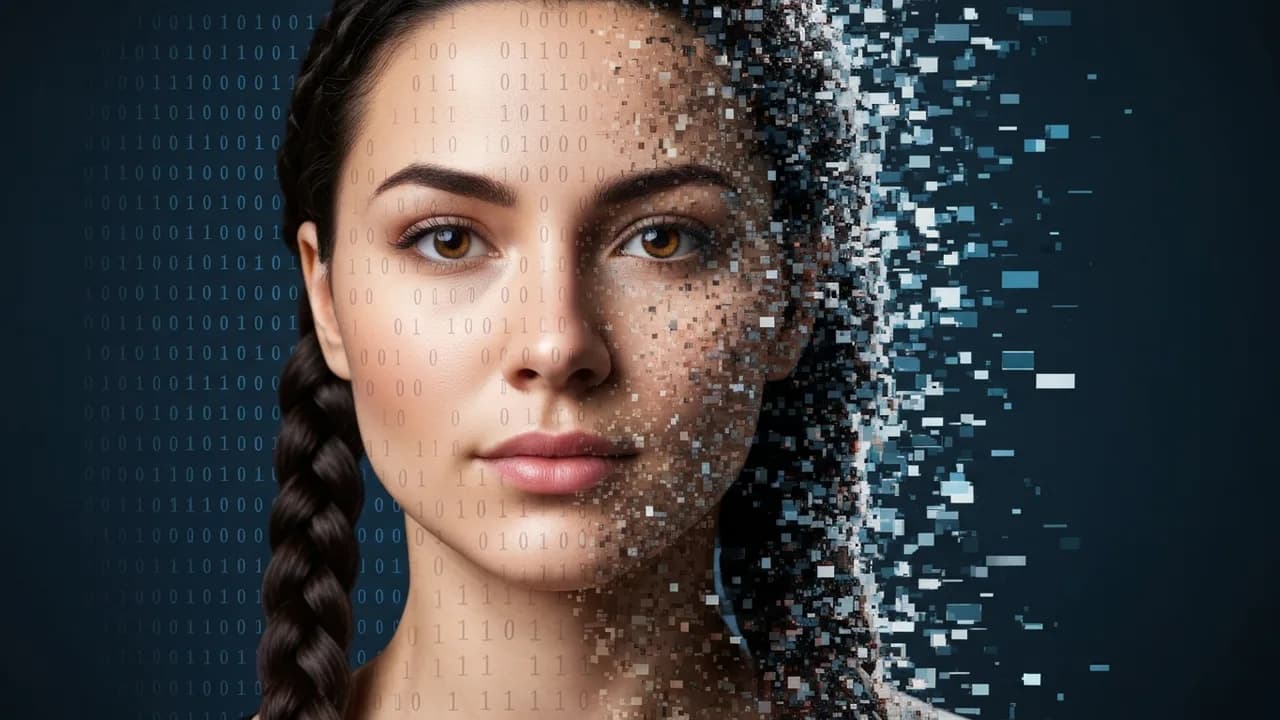 Ein menschliches Gesicht, dessen eine Hälfte klar und scharf ist, während die andere Hälfte digital verzerrt und mit Binärcode überlagert ist, symbolisiert die Bedrohung durch Deepfakes und die Schwie