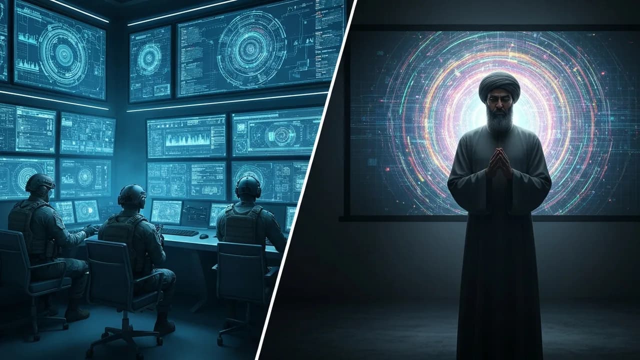 Eine geteilte Ansicht, die auf der linken Seite einen modernen, dunklen Kontrollraum mit KI-Datenvisualisierungen zeigt und auf der rechten Seite einen nachdenklichen, älteren Mann in religiöser Kleid