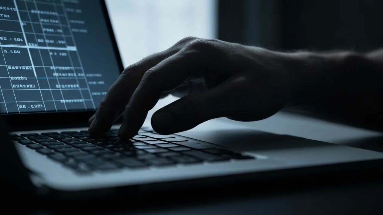 Eine menschliche Hand tippt auf einer Laptoptastatur, während ein subtiles digitales Überwachungsraster auf dem Bildschirm und der Hand reflektiert wird, was ständige Kontrolle symbolisiert.