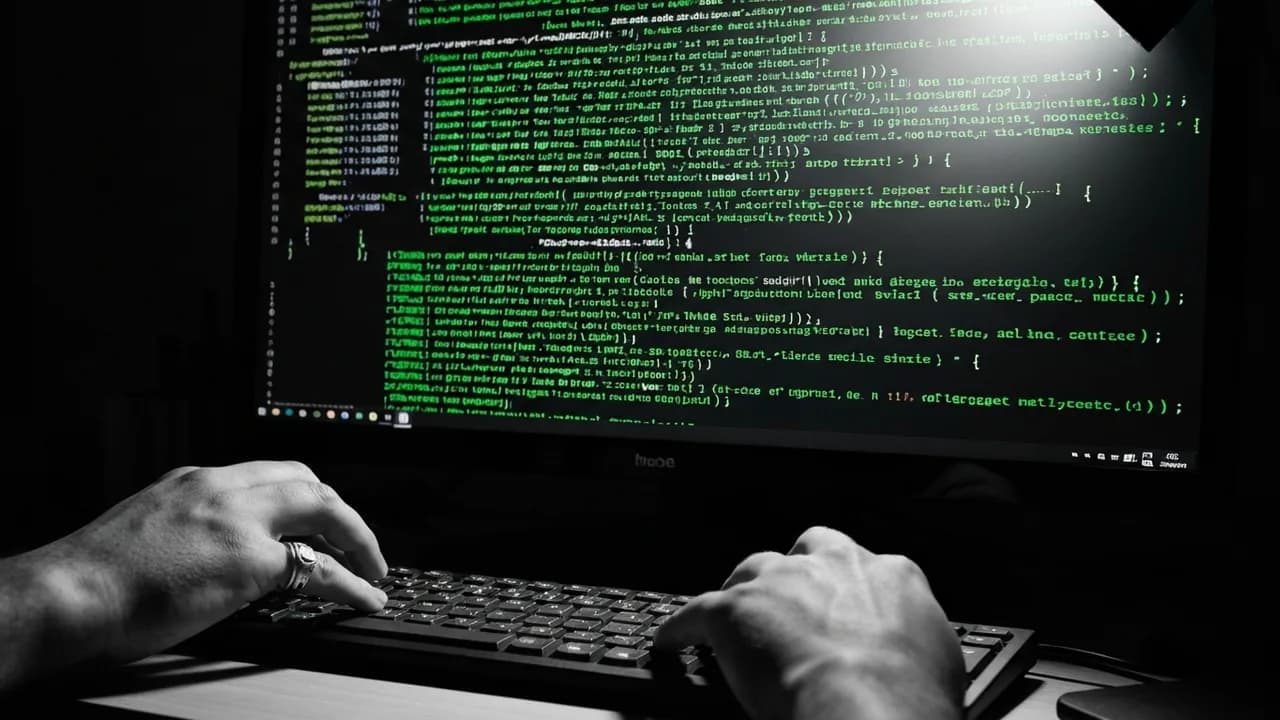 Hände eines Entwicklers, die über einer Tastatur schweben, während auf dem Bildschirm komplexer, sich selbst schreibender Code angezeigt wird, dramatisch beleuchtet von einem Scheinwerfer.