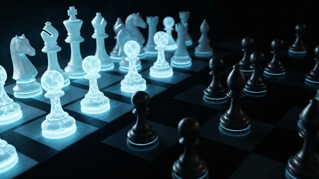 Ein digitales Schachbrett, auf dem die leuchtenden, futuristischen Figuren auf der rechten Seite die verstreuten und dunkleren Figuren auf der linken Seite dominieren, symbolisierend einen klaren Sieg