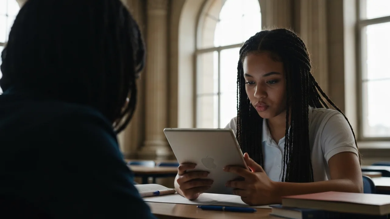 Ein junger Schüler, teilweise im Schatten, blickt auf ein Tablet, das leuchtende Datenmuster zeigt, während im Hintergrund traditionelle Architekturelemente angedeutet sind.