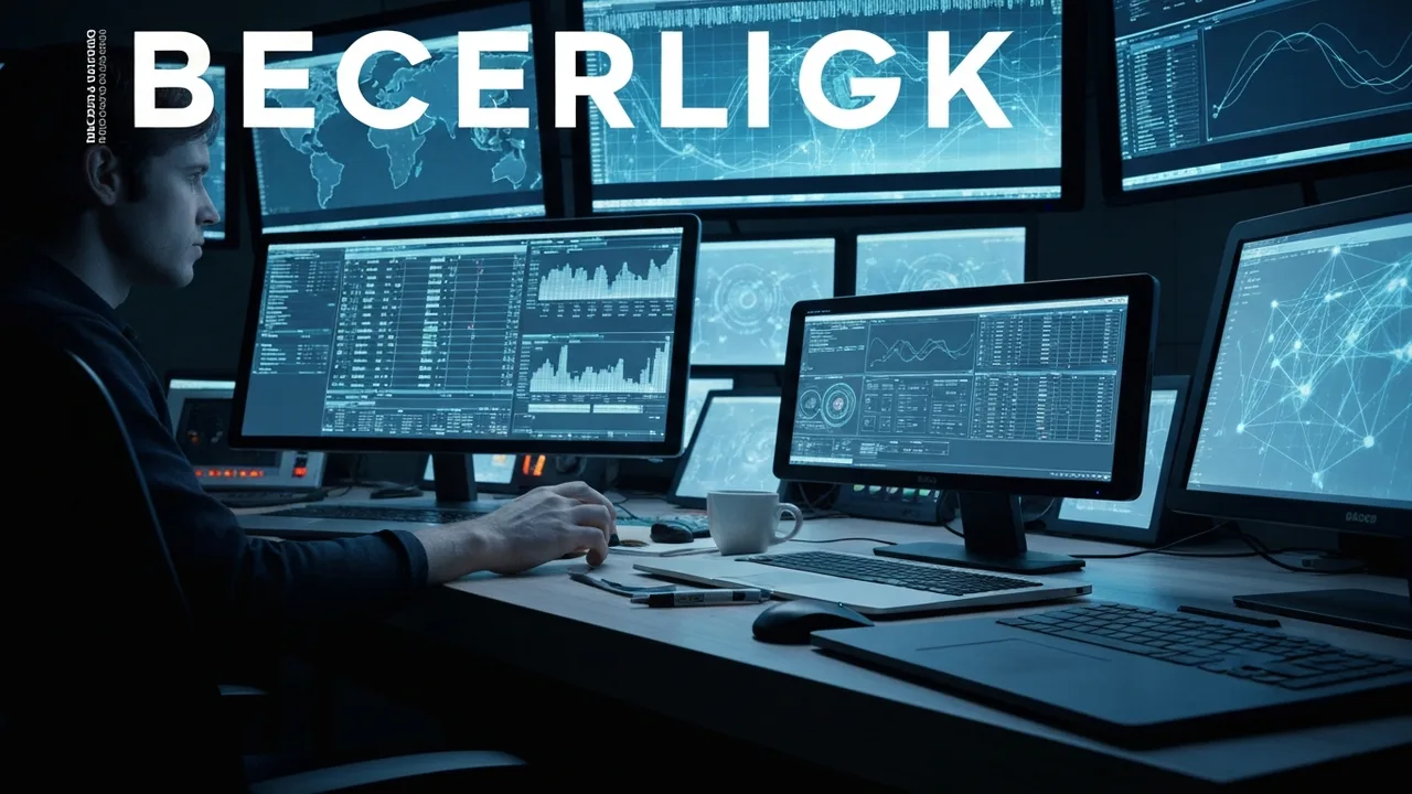 Ein futuristischer Kontrollraum mit großen Bildschirmen, die abstrakte Daten und Eventpläne zeigen. Eine einzelne Hand ist dabei, einen Regler an einer minimalistischen Konsole zu bedienen. Das Licht