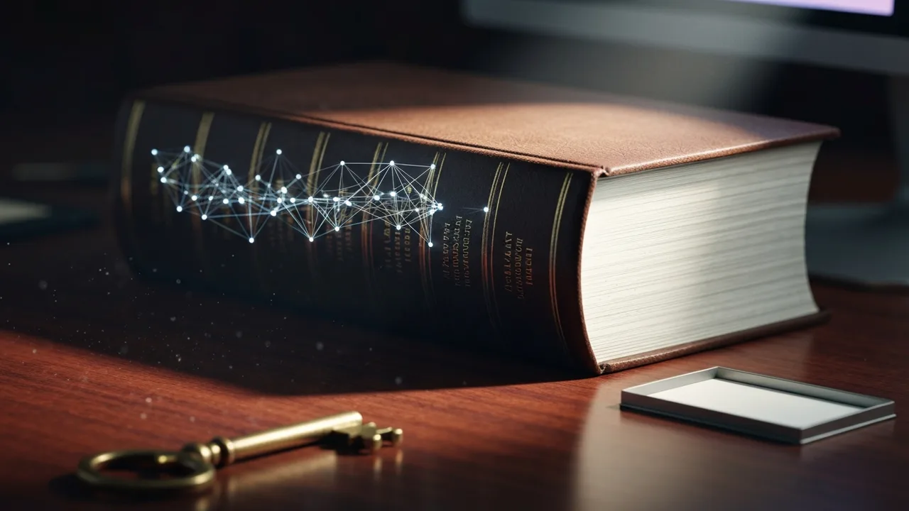 Die Hand eines Anwalts platziert vorsichtig eine kleine, leuchtende Platine auf einem Stapel dicker, alter Gesetzesbücher, umgeben von Schatten in einem eleganten Büro.