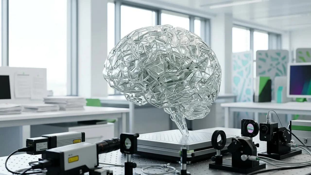 Ein einsamer Wissenschaftler steht auf einem felsigen Hügel und blickt auf einen leuchtenden Horizont, an dem sich abstrakte, vernetzte Datenstrukturen abzeichnen.