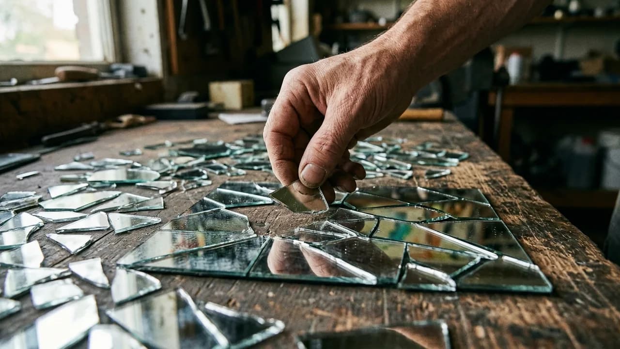 Eine menschliche Hand versucht, die zersplitterten Fragmente eines Spiegels zusammenzusetzen, die jeweils eine verzerrte digitale Oberfläche reflektieren. Das Bild symbolisiert die Suche nach Kohärenz