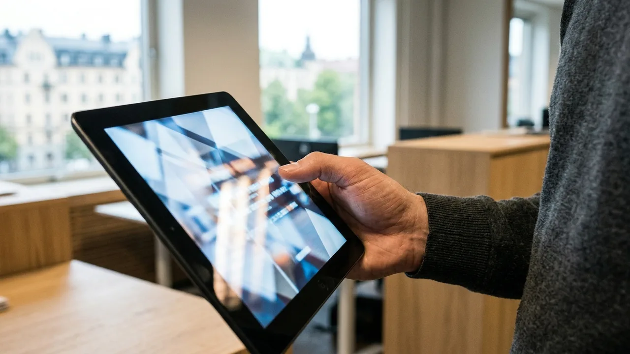 Eine menschliche Hand hält ein Tablet, dessen Bildschirm eine leuchtende, abstrakte Benutzeroberfläche zur KI-Codegenerierung anzeigt. Der Hintergrund ist ein unscharfes, modernes Büro in Stockholm.
