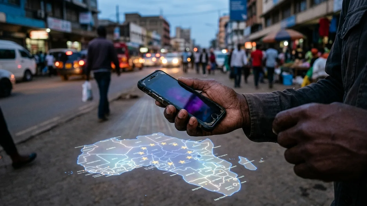 Eine afrikanische Hand hält ein Smartphone, dessen Bildschirm eine digitale Karte Afrikas zeigt, überlagert von den Sternen der Europäischen Union. Im Hintergrund ist eine verschwommene Stadtsilhouett