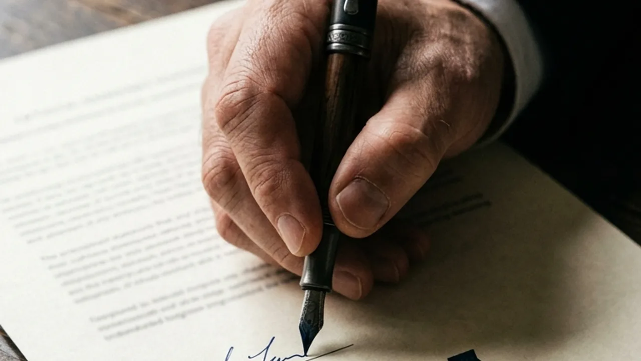 Eine Hand in einem dunklen Anzug unterschreibt ein offizielles Dokument, auf dem ein stilisiertes 'AI'-Symbol zu sehen ist, unter dem harten Licht einer Schreibtischlampe, die tiefe Schatten wirft.
