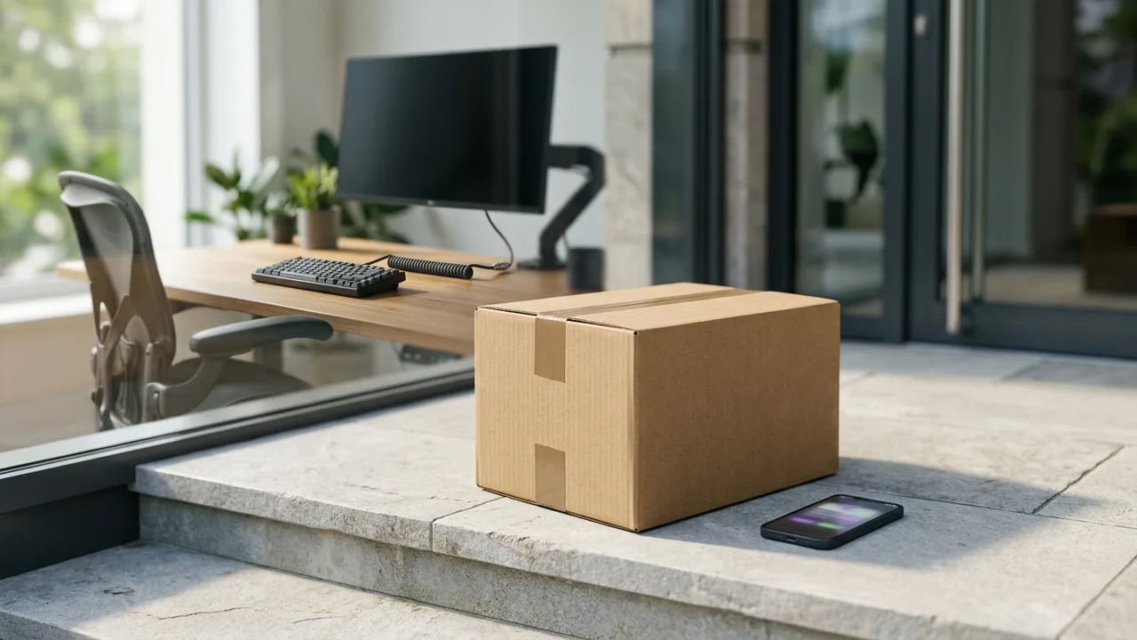 Ein futuristischer Einkaufswagen in einem digitalen Marktplatz, über dem eine menschliche Hand zögerlich einen 'Kauf bestätigen'-Button berührt.