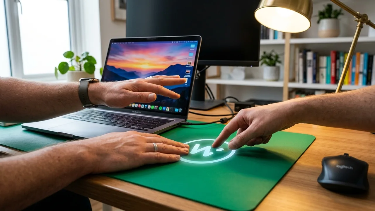 Eine Hand hält einen digitalen Marker über ein unscharfes Smartphone-Display, das einen KI-generierten Inhalt zeigt. Die Szene spielt in einem modernen Bürogebäude mit kontrolliertem Licht, was Autori