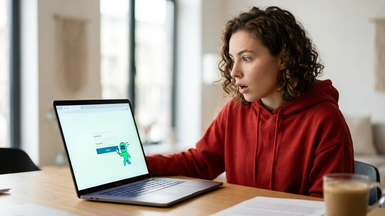 Ein digitales Vorhängeschloss mit einem subtil integrierten KI-Agenten-Symbol im Inneren, vor einem unscharfen Hintergrund einer Webbrowser-Oberfläche, dramatisch beleuchtet.