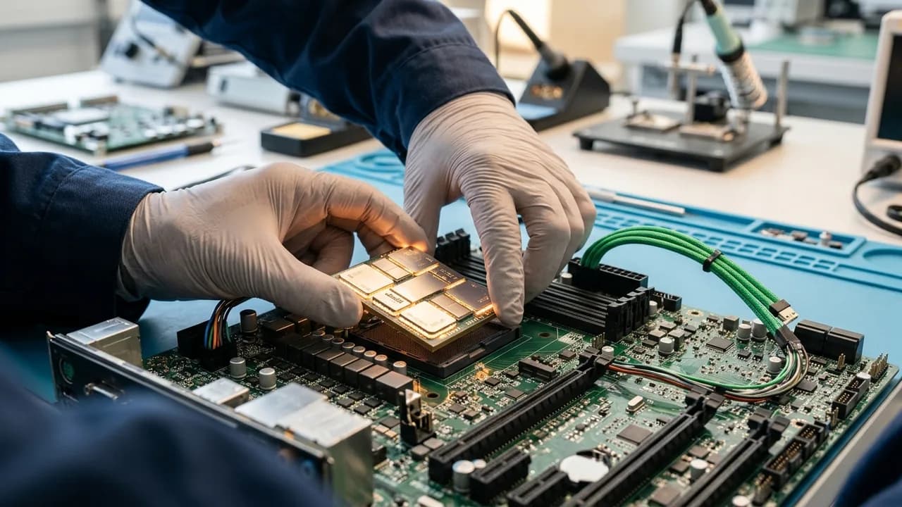 Detailaufnahme von Server-Racks in einem Rechenzentrum mit blauer Beleuchtung, die eine überlegene Leistung der NVIDIA Blackwell-Plattform für KI-Agenten symbolisiert.