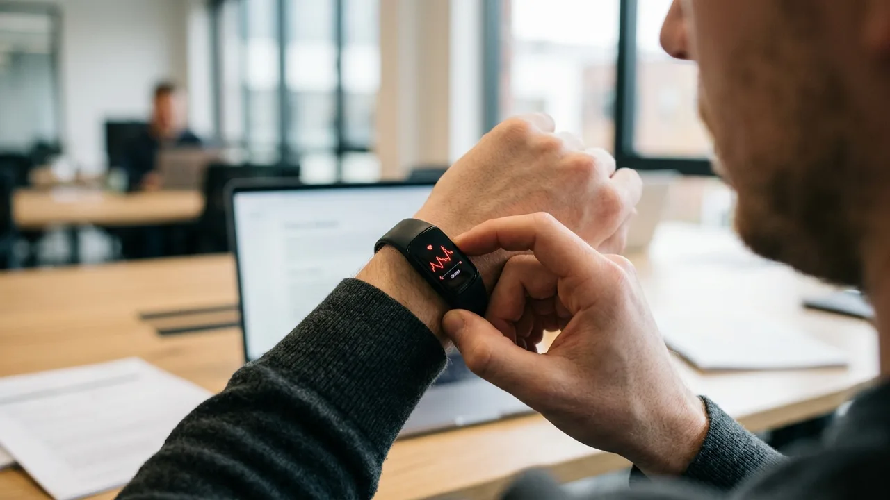 Eine Person mit einem Whoop-Gesundheitstracker am Handgelenk schaut auf ein Smartphone. Auf dem Bildschirm ist ein abstraktes 'Leaderboard' mit farbigen Indikatoren und unscharfen Namen zu sehen, die