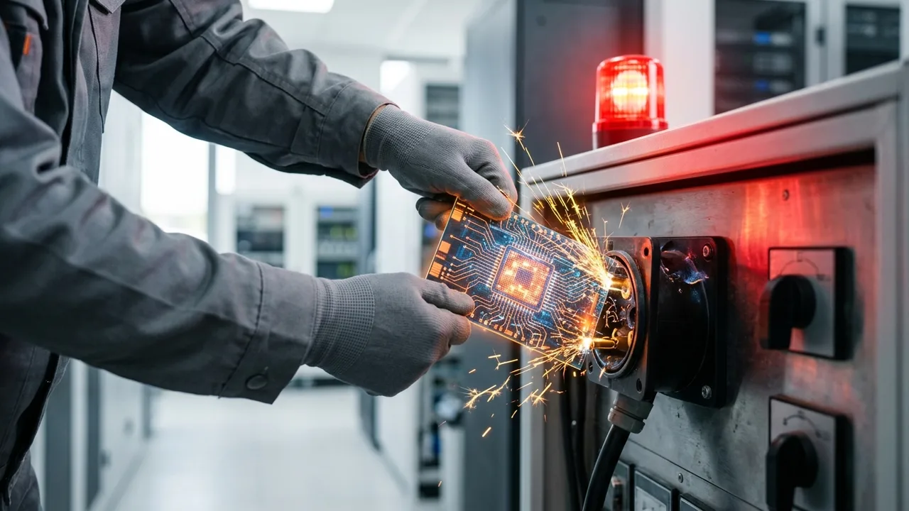 Die Hand eines Regierungsbeamten, die ein leuchtendes Stromkabel aus einem Server-Rack zieht, symbolisiert das Abschalten einer KI.