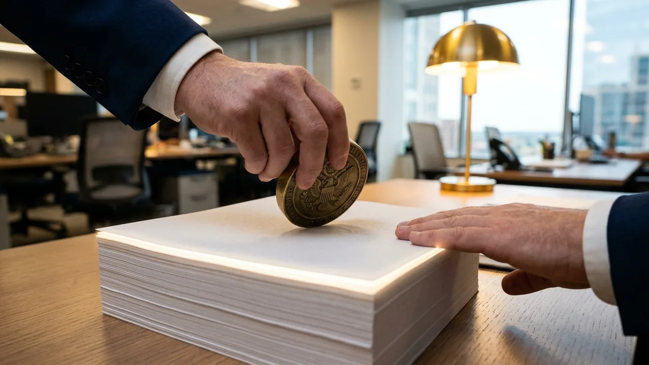 Ein offizielles, geprägtes Rechtsdokument mit einem Siegel, das auf einem Tisch liegt und von einem digitalen Muster überlagert wird, symbolisiert die neue KI-Gesetzgebung in Deutschland.