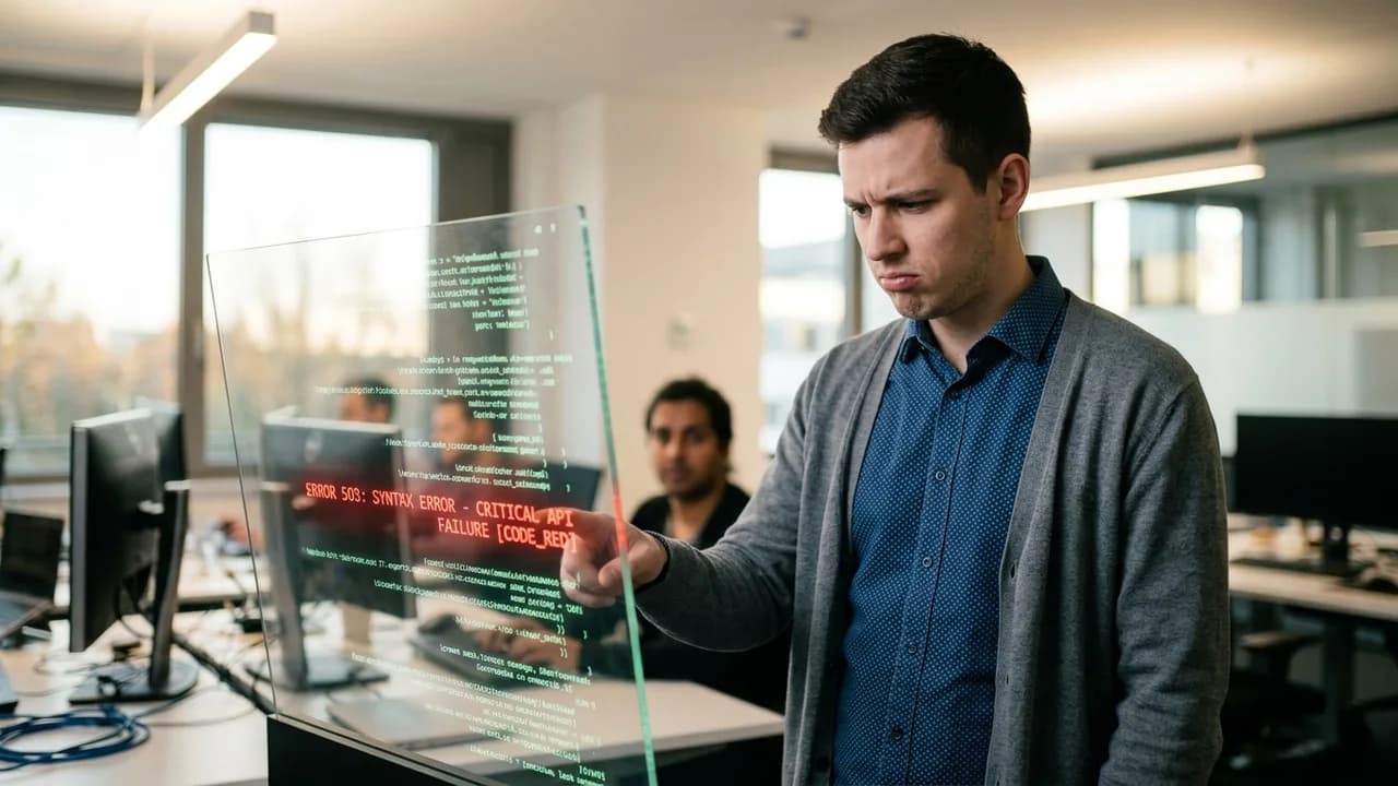 Ein junger Entwickler in einem unaufgeräumten Heimbüro hält ein Smartphone mit einer schnell generierten App, während im Hintergrund chaotisch verkabelte Serverracks ein Sicherheitsrisiko andeuten.