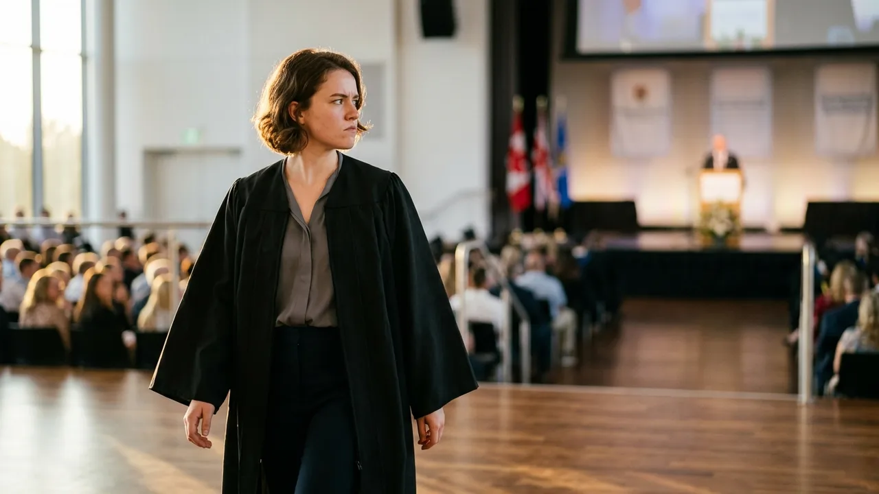 Leere Bühne einer Abschlussfeier mit einem Mikrofon am Rednerpult. Im Vordergrund drehen sich viele junge Menschen in Abschlussroben ab und gehen weg, der Rücken zum Rednerpult gewandt, symbolisch für