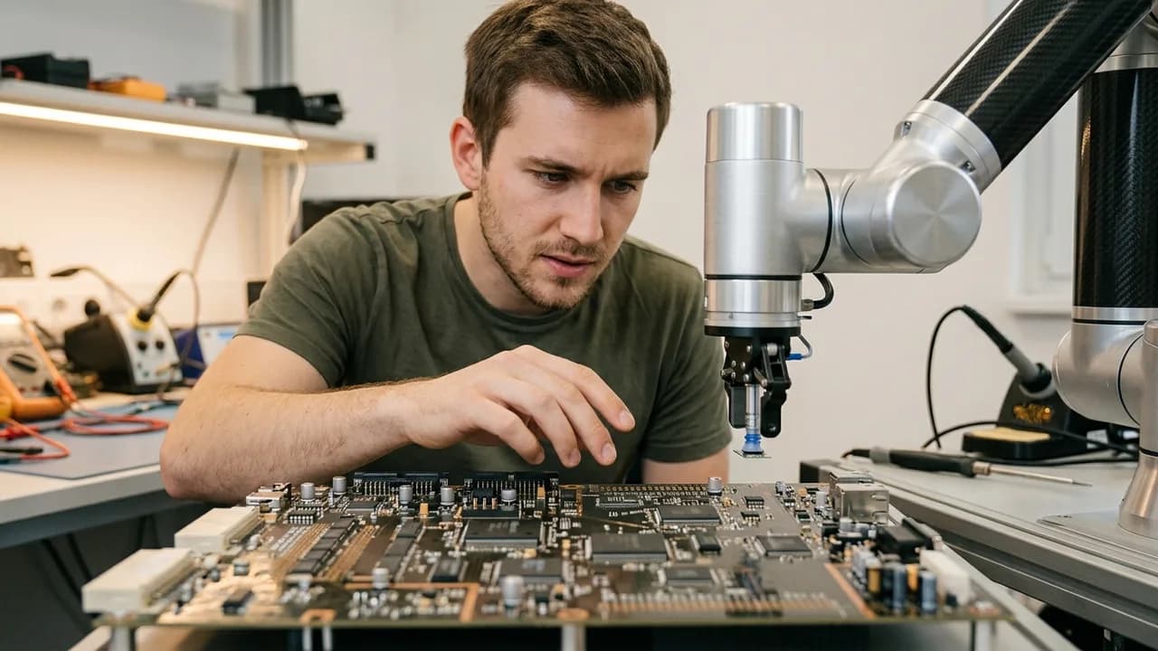 Ein präziser Roboterarm mit feinen Greifern schneidet vorsichtig einen Kabelbinder von einem Bündel farbiger Kabel in einer Hightech-Umgebung.