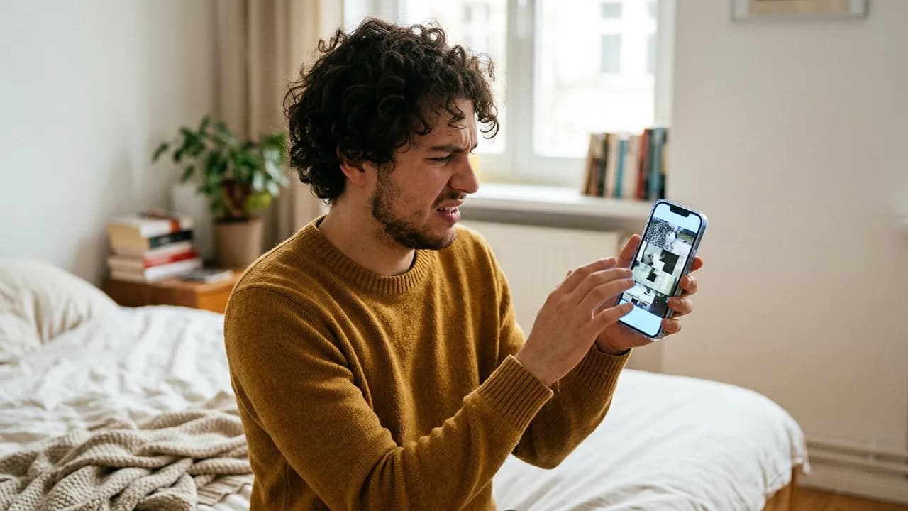 Eine junge Person, deren Gesicht vom Smartphone-Bildschirm beleuchtet wird, der chaotische und qualitativ minderwertige KI-Videos zeigt.