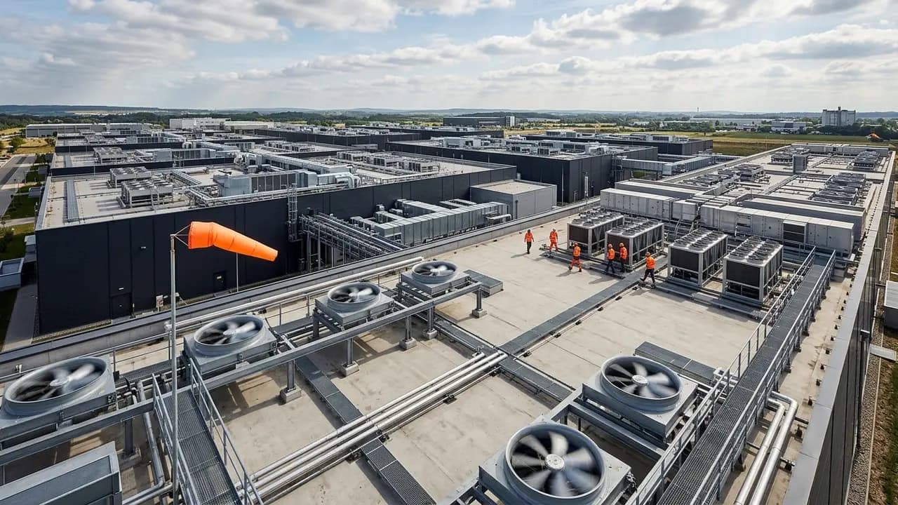 Ein riesiges, industrielles Datenzentrum unter einem dramatischen, leicht verschmutzten Himmel. Im Vordergrund sind Risse im Boden oder eine welkende Pflanze zu sehen, die Umweltkompromisse symbolisie