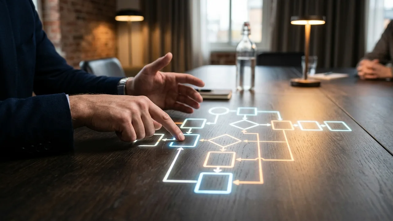 Hände eines Entwicklers an einer Tastatur, daneben ein Bildschirm mit einer visuellen Schritt-für-Schritt-Anleitung, wie eine KI Code-Fehler behebt.