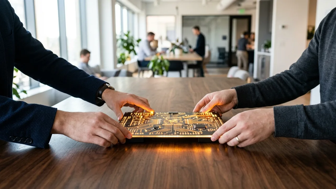 Nahaufnahme von Entwicklerhänden über einer Tastatur, die einen kleinen, leuchtend roten Fehlerwürfel halten, während Code im Hintergrund verschwommen ist.
