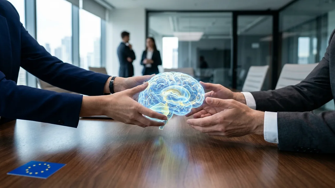 Ein Händedruck über einem Vertrag, im Hintergrund ein stilisiertes europäisches Gebäude und digitale Elemente, die eine neue Technologie symbolisieren.