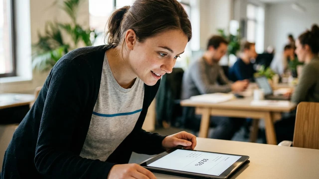 Eine menschliche Hand, die nach einem leuchtenden, abstrakten numerischen Score greift, der in einem dunklen, technologischen Raum schwebt.